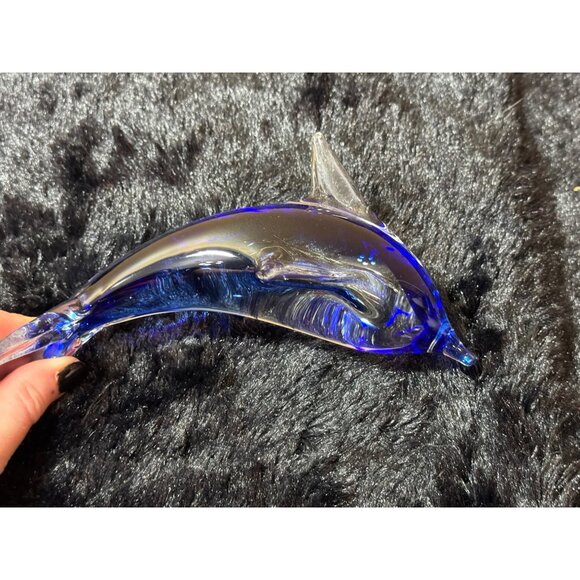 Art Blown  Glass Blue & Clear Glass Dolphin Figurine Art Decor 7" - Picture 2 of 8